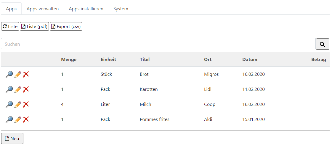 Inventarliste Einkauf Inventarliste Einkauf