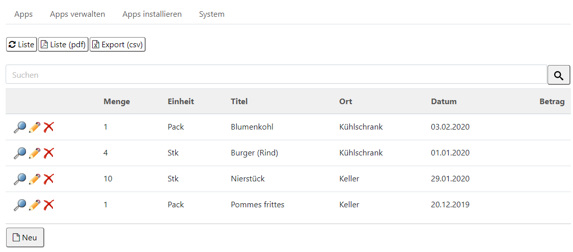 Inventarliste Kühlschrank